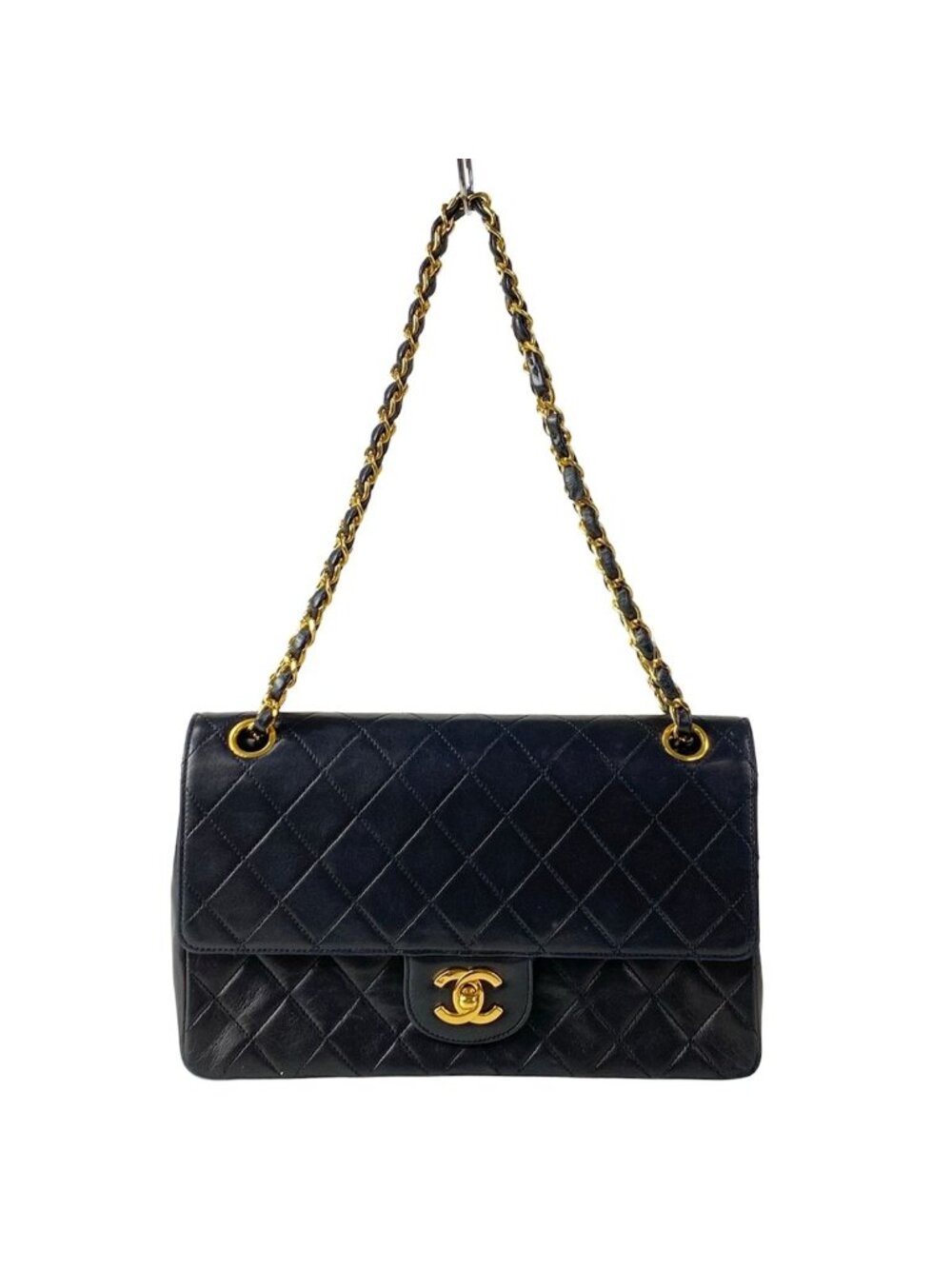 Chanel Shoulder Bag Double Flap Quilted Black Chain Gold Lambskin